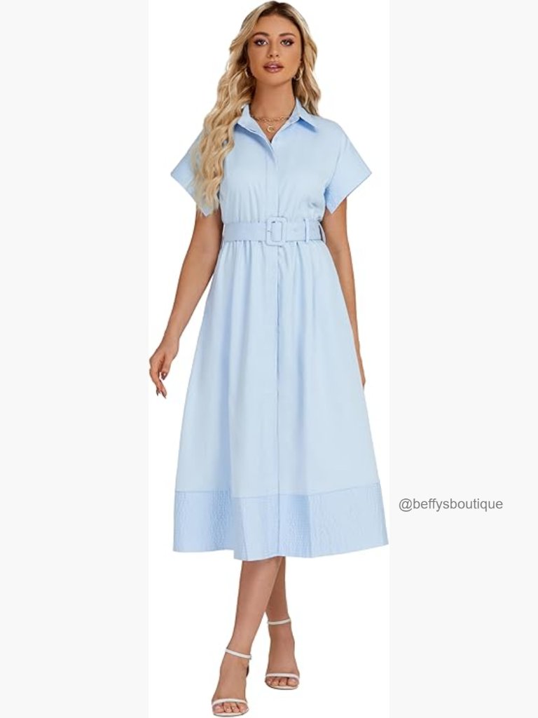 Elegant Button Down Midi Shirt Dress With Belt, Short Sleeves, Wing Sleeves,